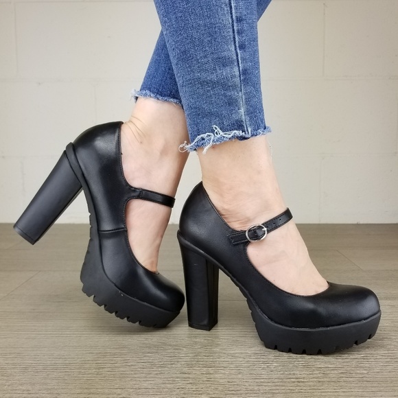 Shoes - Rockabilly Chunky Platform Heels Faux Leather